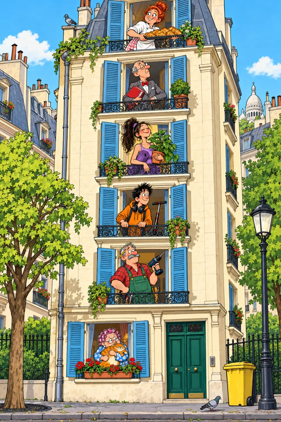 La façade de l'immeuble, chaque voisin penché à sa fenêtre